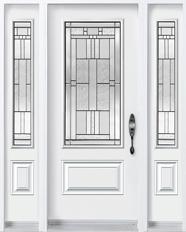 Modern, white front door with half glass inserts and double transoms