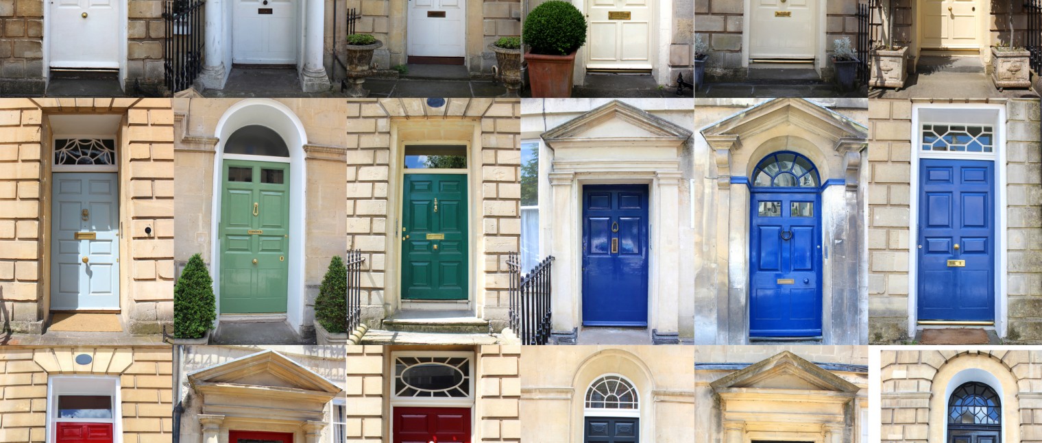 Image of multiple front doors collage / Georgian townhouse doors, colours.