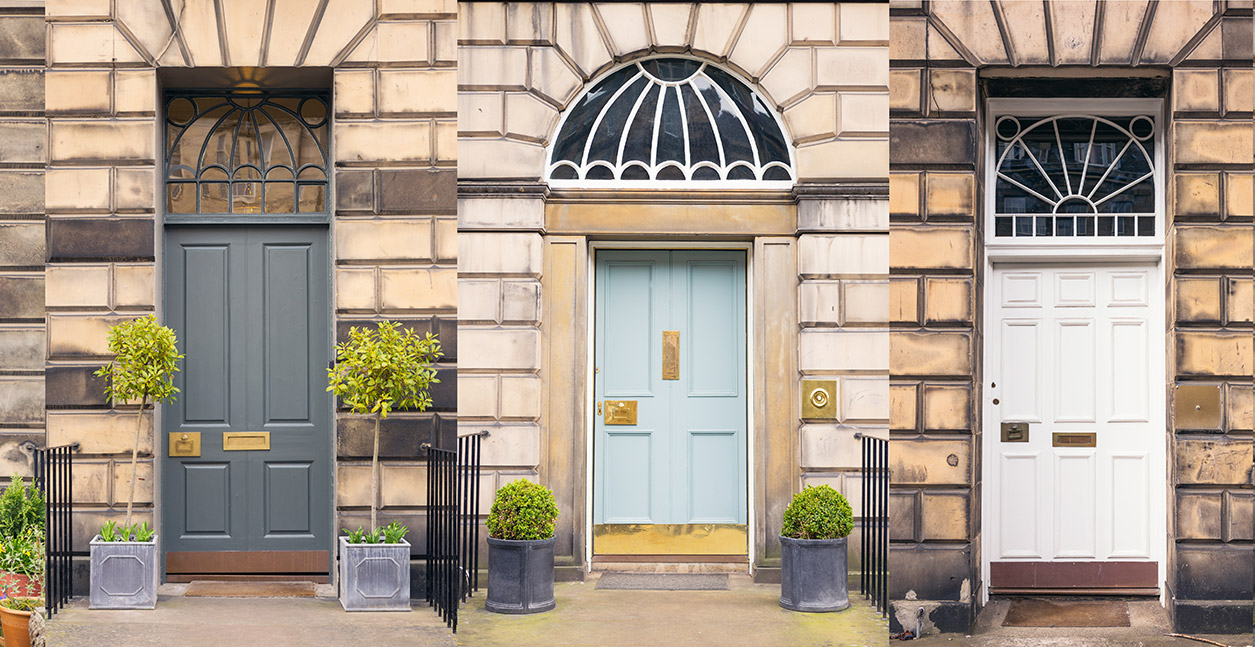 Residential front doors with bold painted colours.