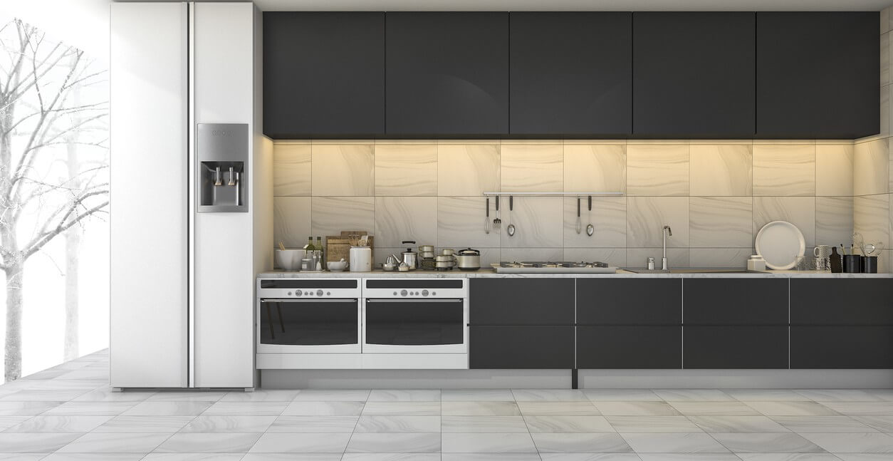 A modern kitchen with a sliding patio pvc door.