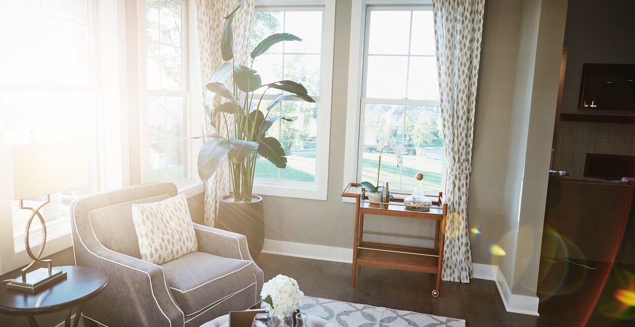 Interior view from a living of white vinyl casement windows