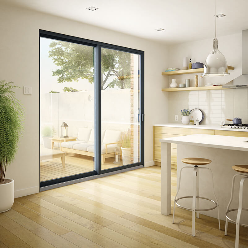 Novatech Urbania sliding Patio Door Novatech Urbania sliding patio doors installed in a modern kitchen with a breakfast bar.