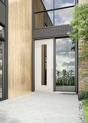 A sleek European style front door with modern, custom glass insert