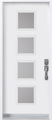 Modern door with four square glass inserts vertically aligned