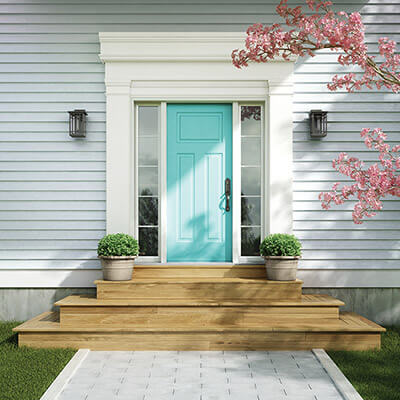 Teal residential door with double sidelites