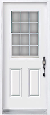 Traditional white door with half glass insert and contour grilles