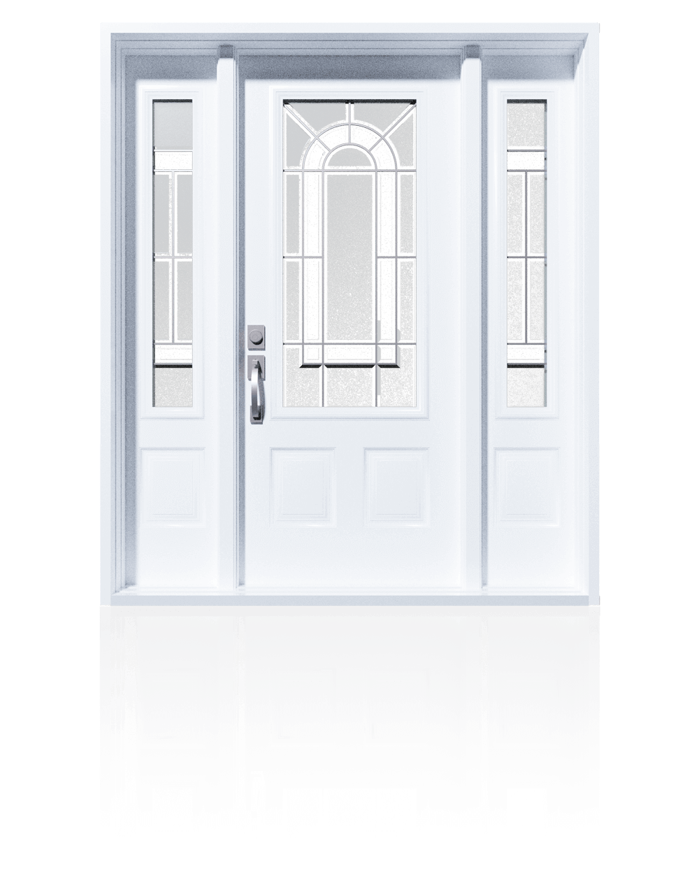 Modern, white front door with half glass inserts and double transoms