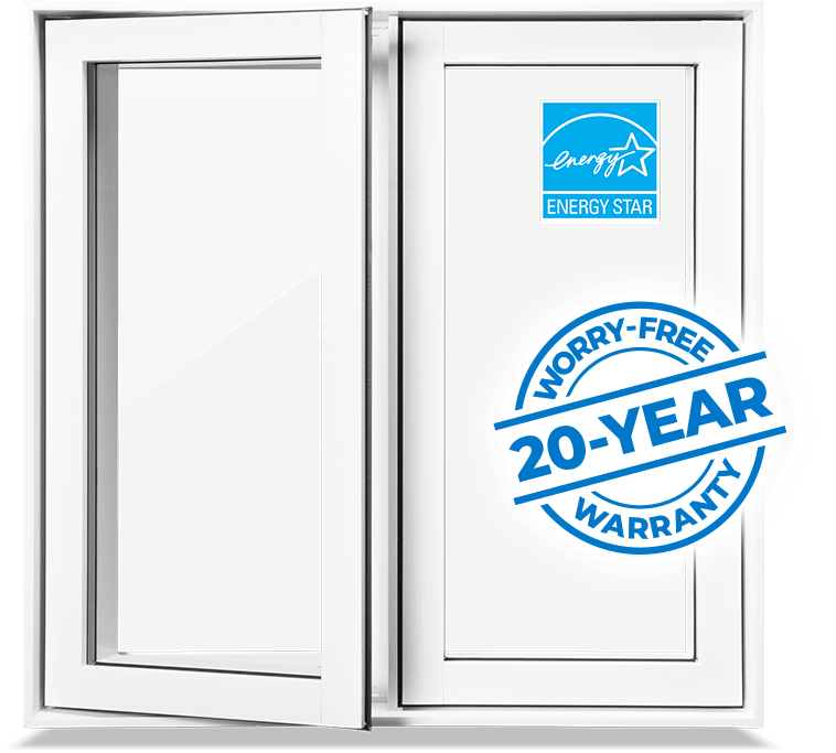 A double casement window with the energy star logo and warranty badge.