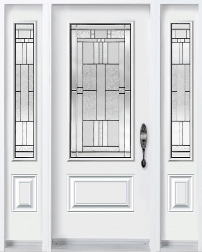 Modern, white front door with half glass inserts and double transoms