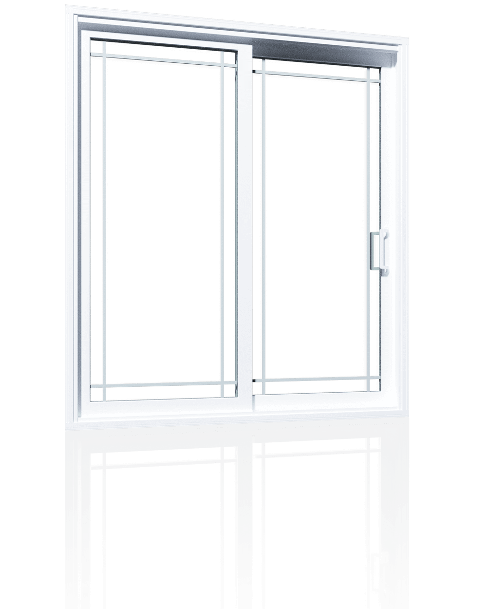 Modern, white front door with half glass inserts and double transoms