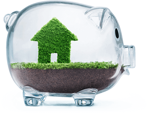 A glass piggy bank with a home growing from the soil.