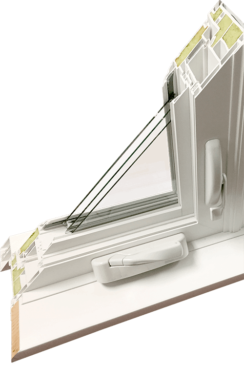 A cutaway of a hollow-chamber casement window with some foam